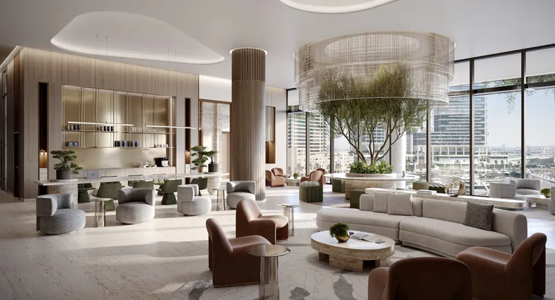 Render of a lounge in the ENARA Private Members' Club with armchairs, a bar counter and windows over the marina