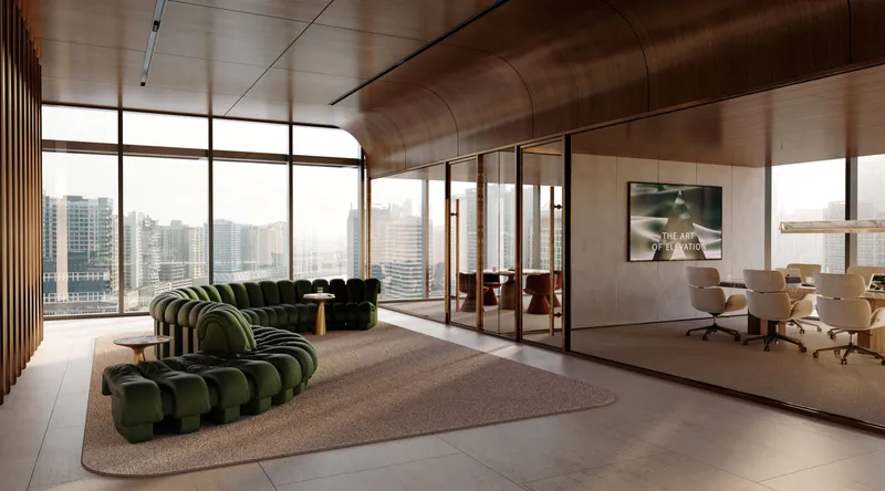Render of an office arrival lounge at ENARA with a curved timber ceiling, a green sofa and a glazed meeting room