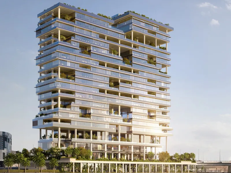 Render of the ENARA by OMNIYAT office tower with planted terraces on every level, above the Marasi Bay waterfront in Business Bay