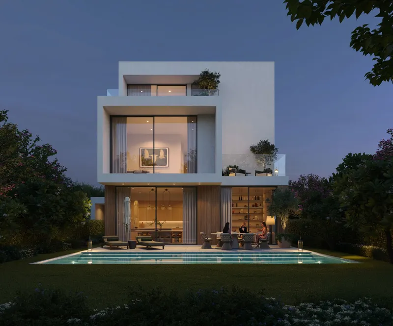 Equiterra five-bedroom residence with a private pool at dusk