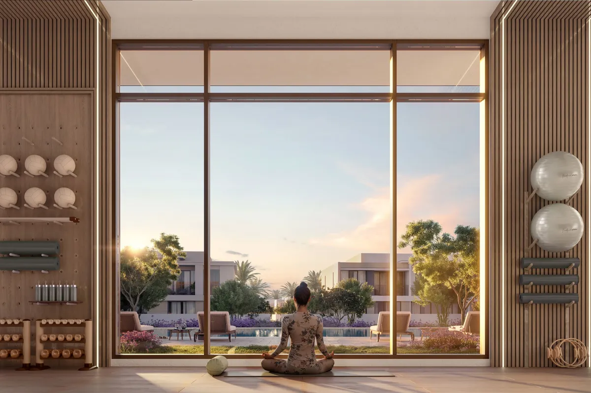 Yoga and fitness room with full-height glazing at Equiterra