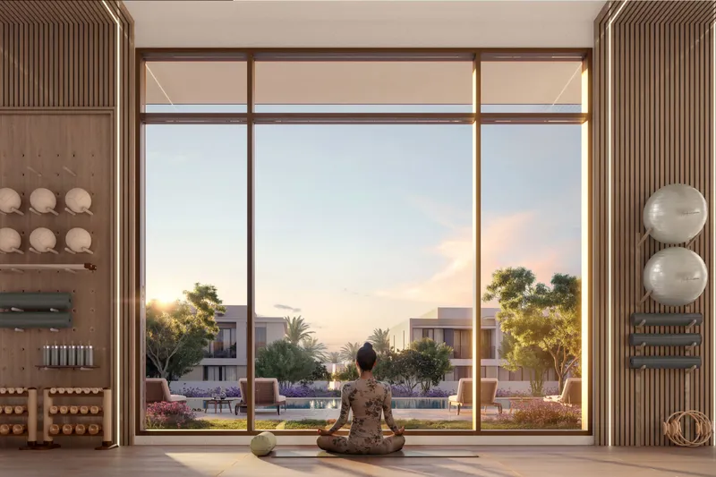 Yoga and fitness room with full-height glazing at Equiterra