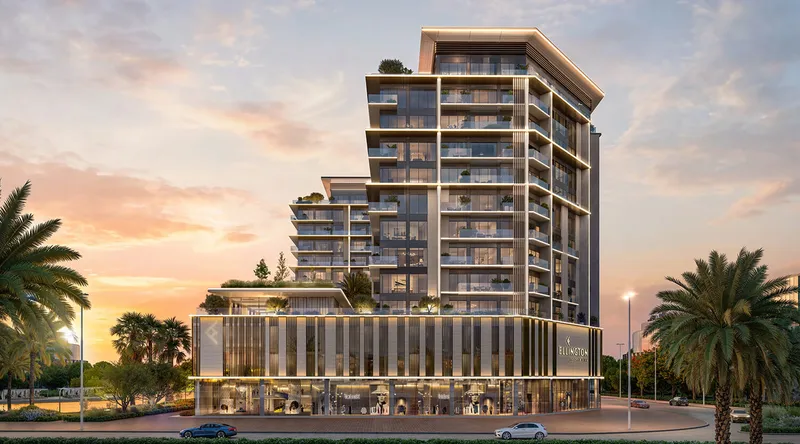 Everly Place by Ellington Properties, exterior render at dusk, Mohammed Bin Rashid City, Dubai