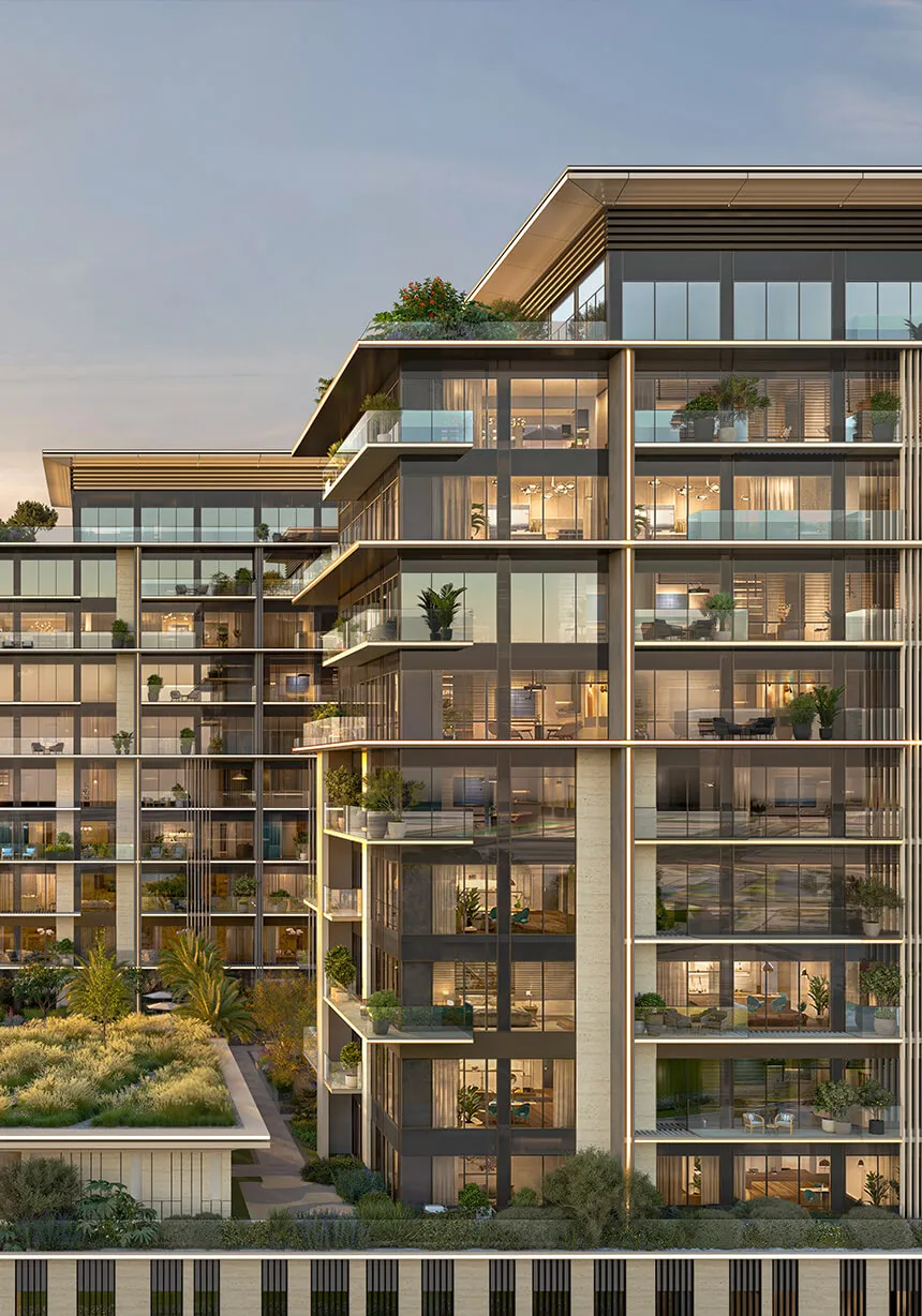 Everly Place by Ellington Properties, facade render showing the terraced balconies