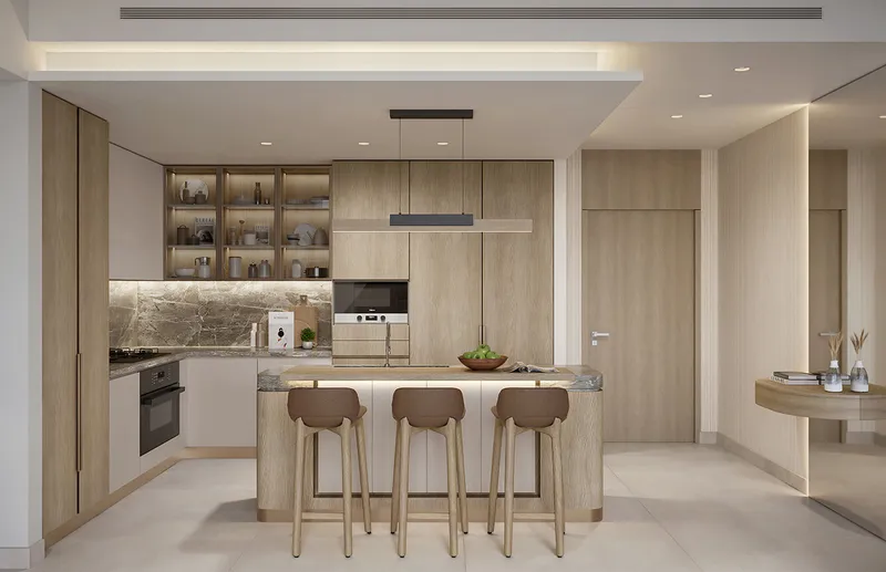 Kitchen and living area render in a residence at Everly Place by Ellington Properties