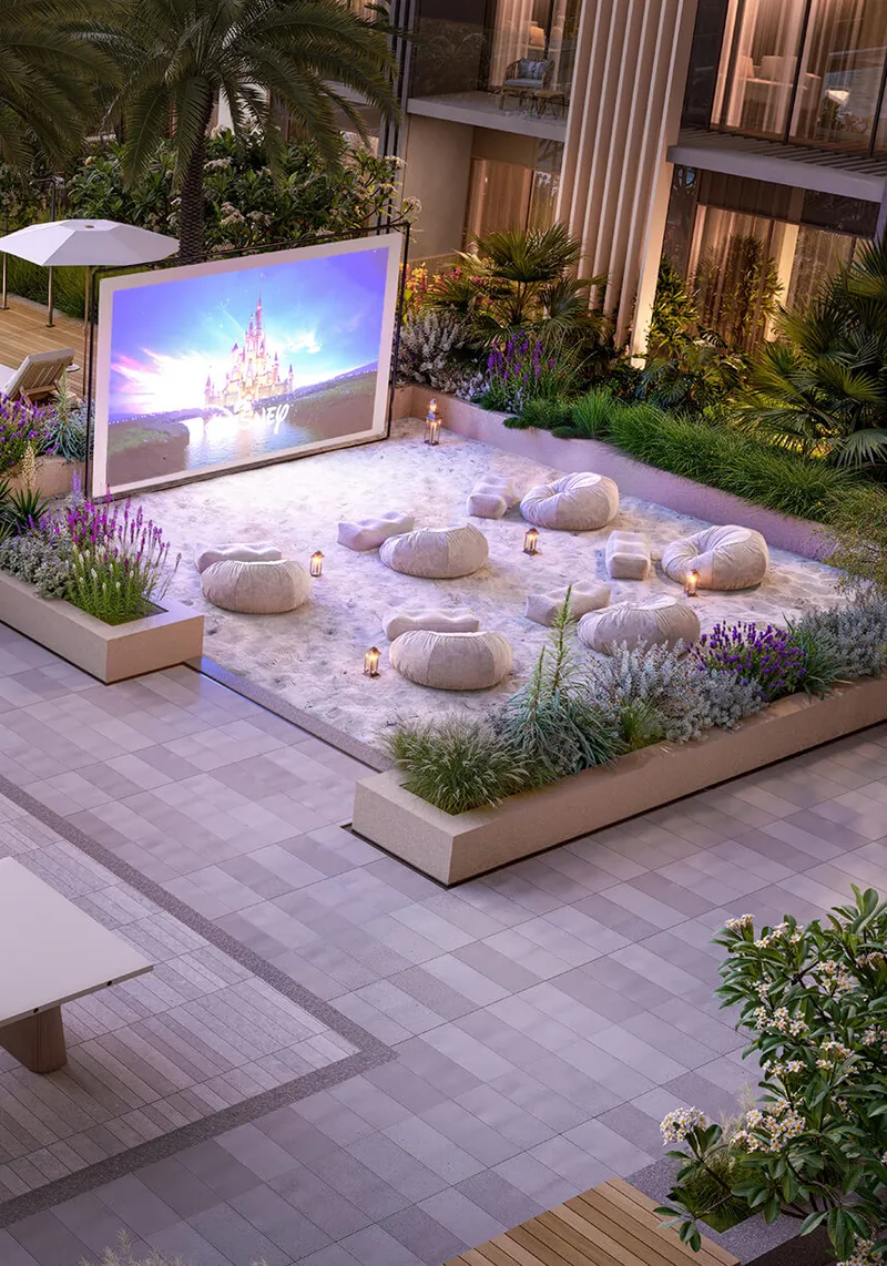 Outdoor cinema deck at Everly Place by Ellington Properties