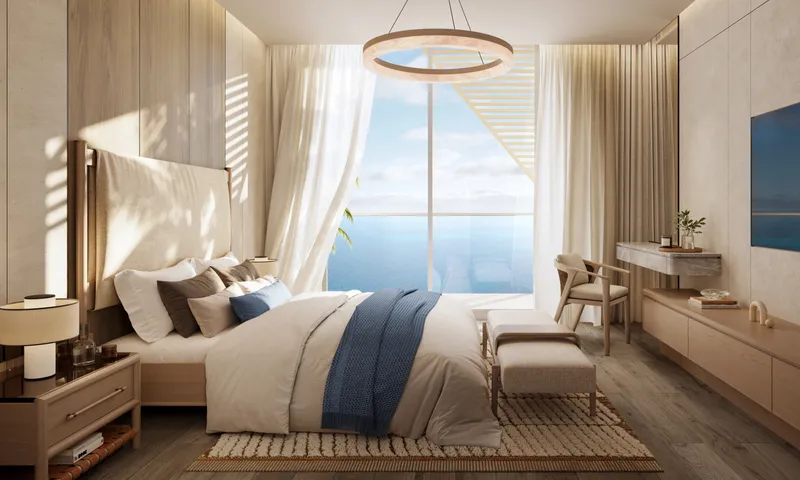 Render of a Fahid Beach Residences bedroom with timber panelling and a full-height window facing the sea