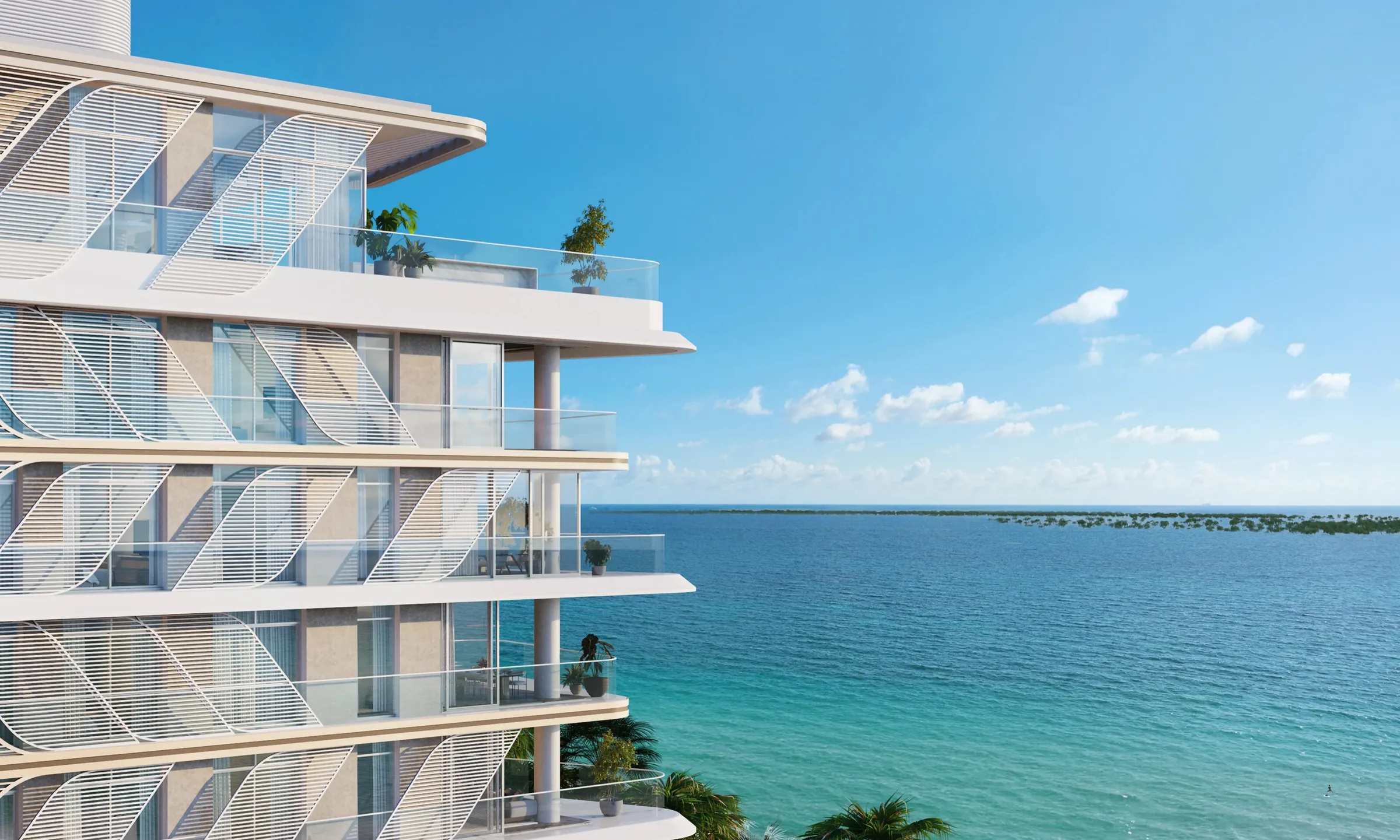 Render of a Fahid Beach Residences building with patterned balcony screens and glass balustrades overlooking the sea