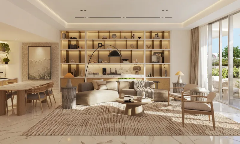Render of a Fahid Beach Residences living and dining room with built-in shelving, marble floor and sliding doors to a terrace
