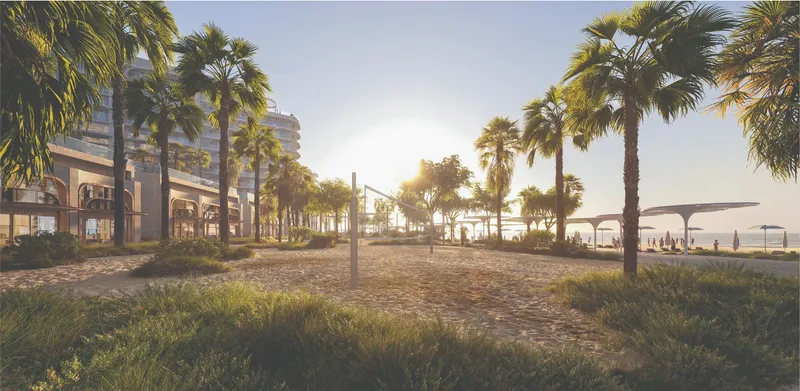 Render of the palm-lined landscaping between Fahid Beach Terraces and the beach at sunset