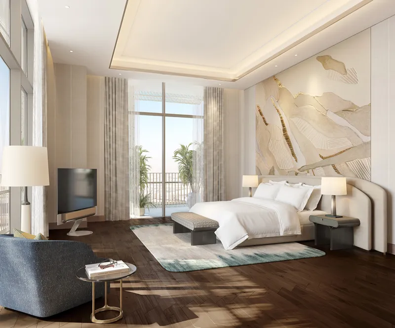 Render of the primary bedroom in a five-bedroom residence at Four Seasons Private Residences Dubai at DIFC, with a terrace door