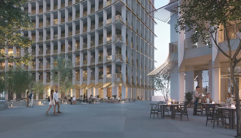 Render of the landscaped courtyard at the base of the Four Seasons Private Residences towers in DIFC, with outdoor restaurant tables