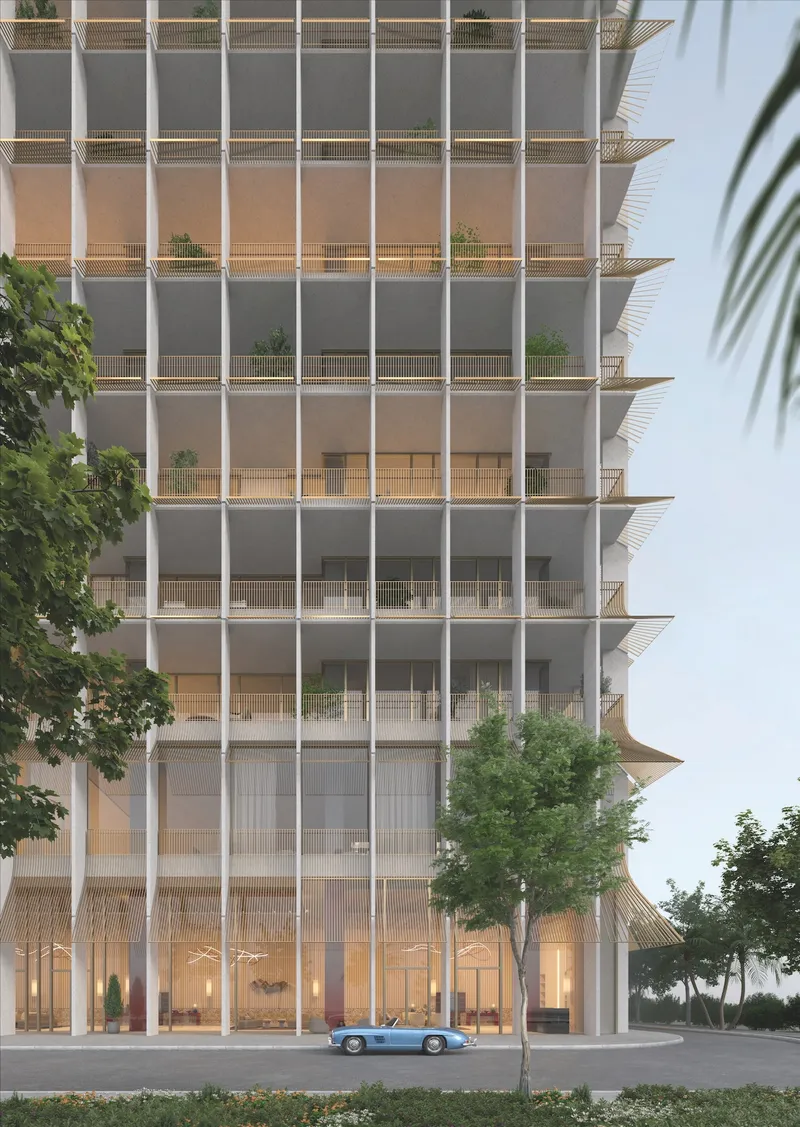 Render of the facade of Four Seasons Private Residences Dubai at DIFC, with deep balconies and fine vertical fins behind trees