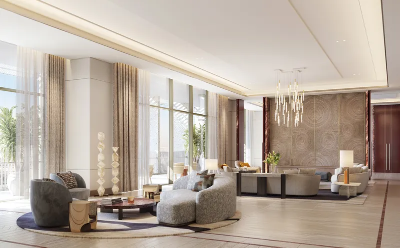 Render of a five-bedroom residence living room at Four Seasons Private Residences Dubai at DIFC, with sofas and full-height windows