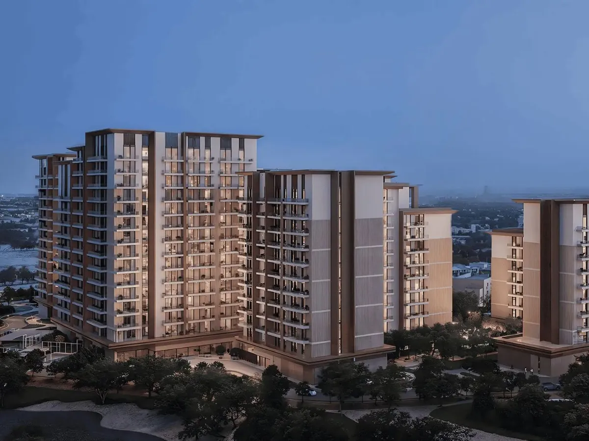 Dusk elevation showing the twelve to fifteen storey apartment blocks at Expo Valley Views