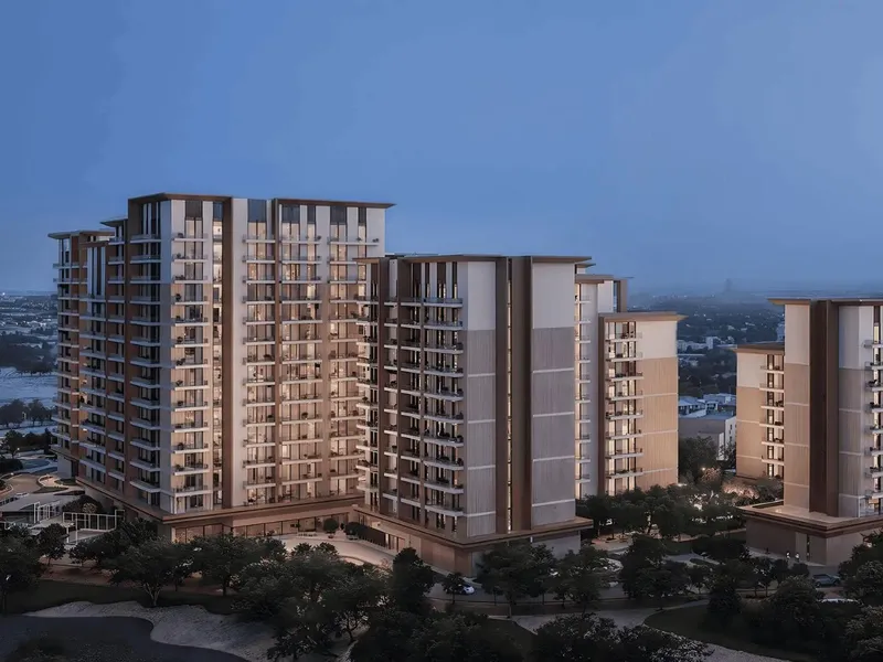 Dusk elevation showing the twelve to fifteen storey apartment blocks at Expo Valley Views