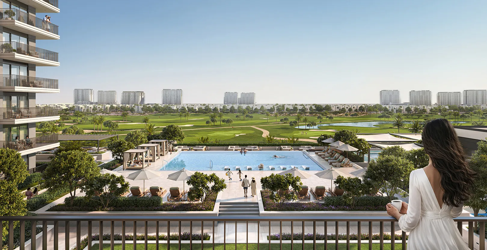 Render of a resident on a Golf Fields balcony looking over the pool deck to the Emaar South golf course