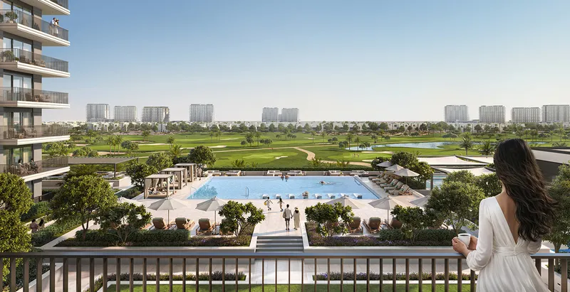 Render of a resident on a Golf Fields balcony looking over the pool deck to the Emaar South golf course
