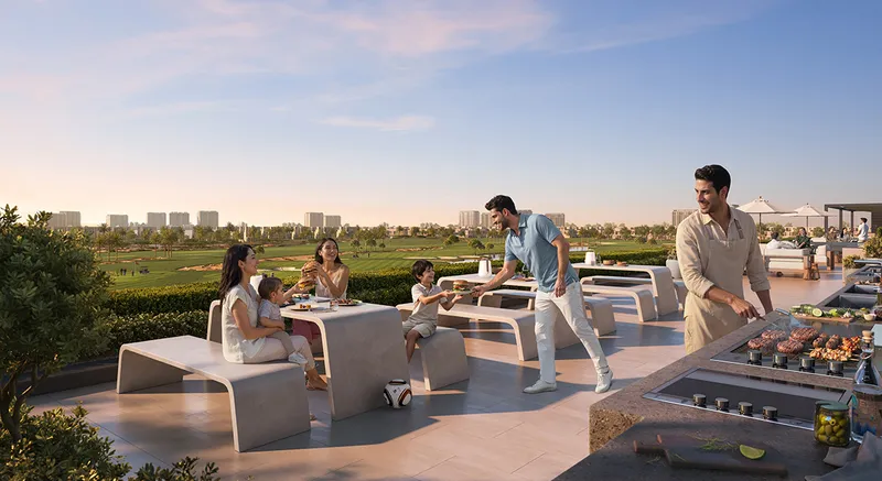 Render of a family at the Golf Fields BBQ terrace with the golf course behind