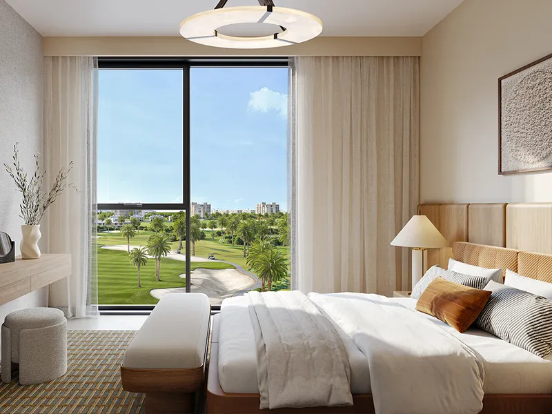 Interior render of a Golf Fields bedroom with a full-height window over the golf course