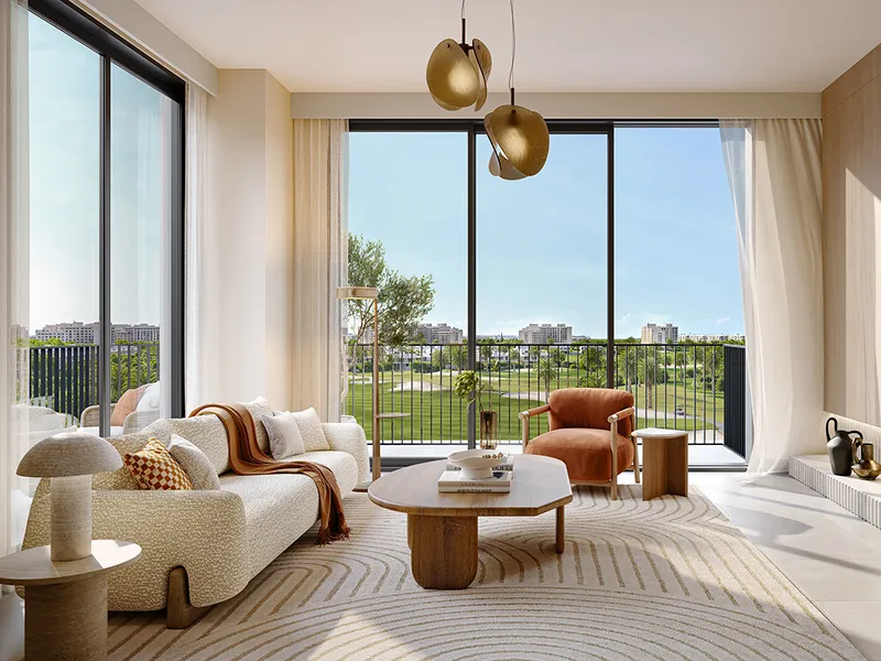 Interior render of a Golf Fields living room opening onto a balcony with golf course views