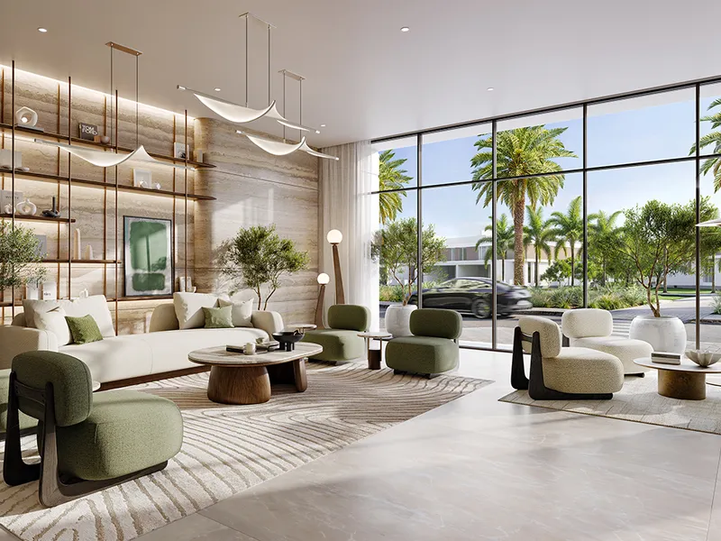 Interior render of the Golf Fields lobby lounge with full-height glazing and palm trees outside