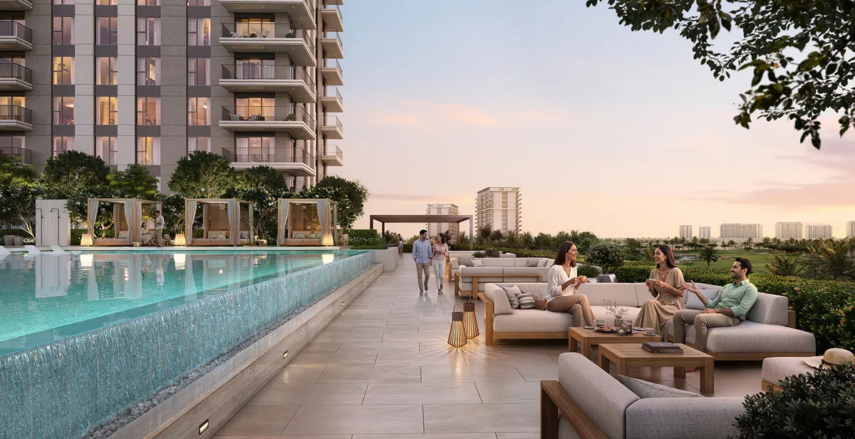 Render of the Golf Fields infinity pool with cabanas and a lounge terrace at sunset