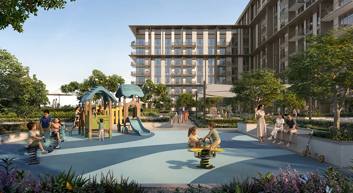 Render of the podium children play area at Golf Trails, Emaar South.
