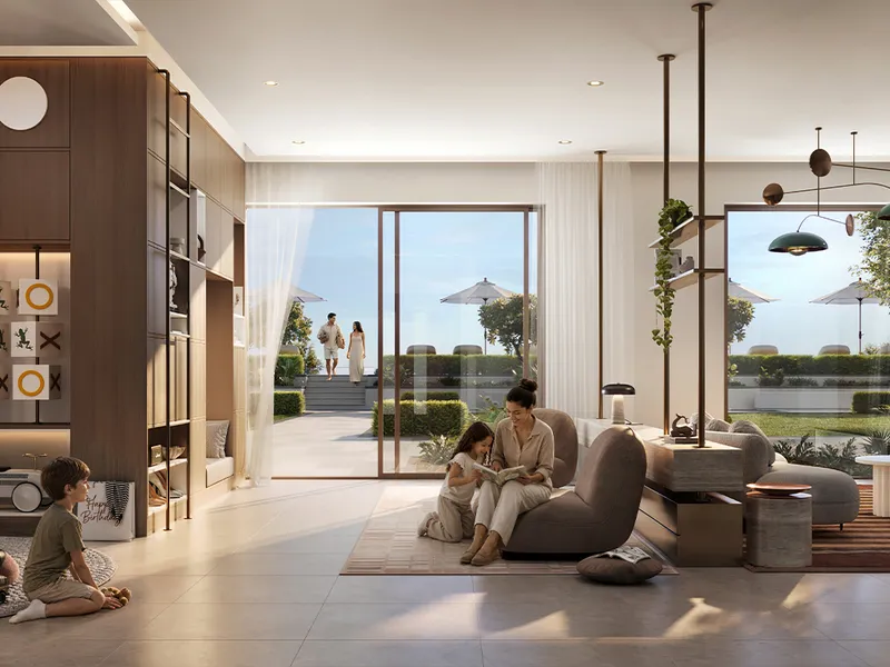 Interior render of a Golf Trails living room opening onto a terrace.