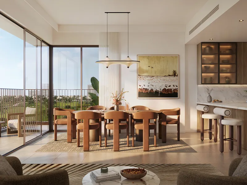 Interior render of the dining area and kitchen in a Golf Trails apartment with golf-course views.