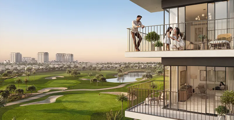Render of residents on Golf Vale balconies overlooking the golf course