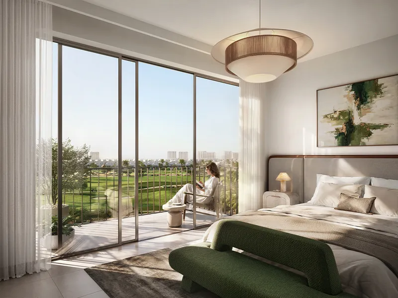 Interior render of a Golf Vale bedroom with a view over the golf course