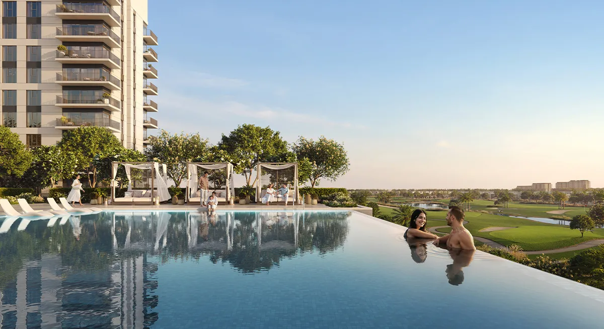 Render of the Golf Vale infinity pool looking out over the fairways