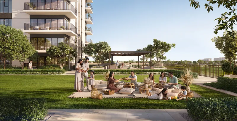 Render of families picnicking on the landscaped lawn at Golf Vale