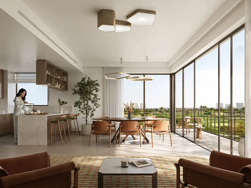 Interior render of a Golf Vale living and dining room with an open kitchen and golf views