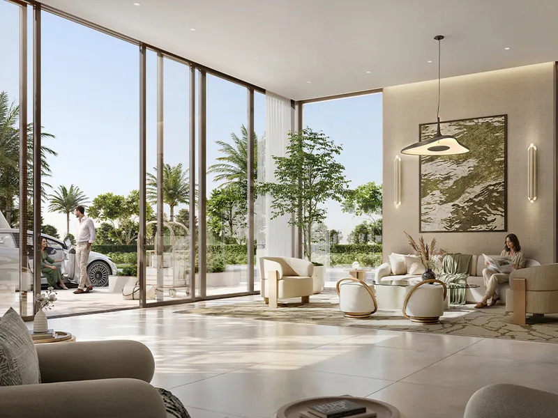 Interior render of a double-height Golf Vale living room with tall windows
