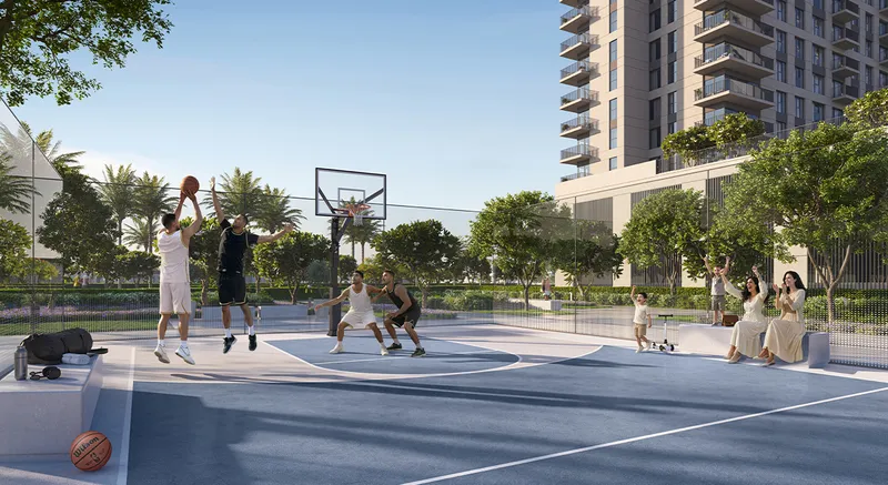 Render of residents playing basketball on the Golf Vale sports court