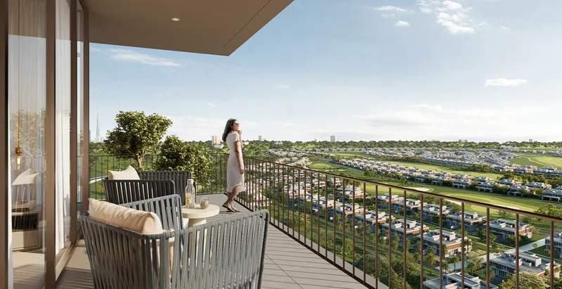 Render of a Greencrest balcony overlooking the Dubai Hills golf course