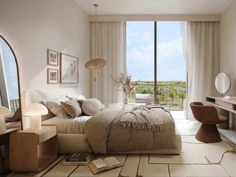 Interior render of a Greencrest bedroom in soft neutral tones
