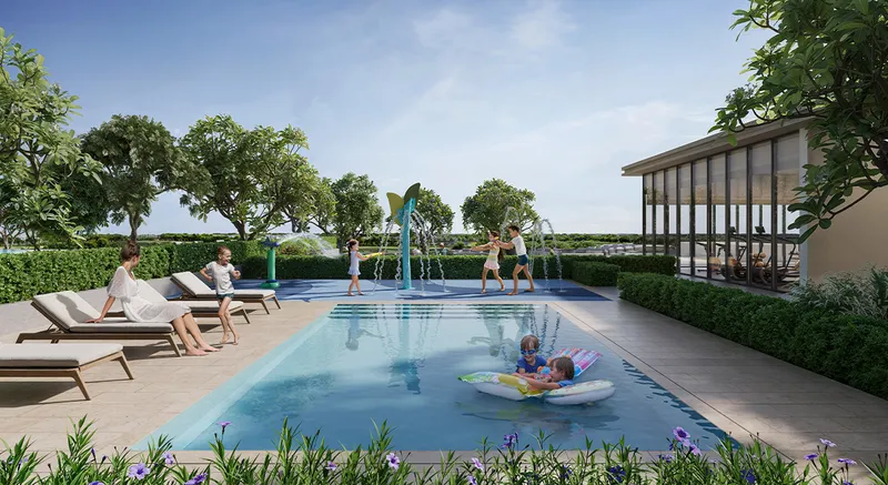 Render of a children's splash pool with water features at Greencrest