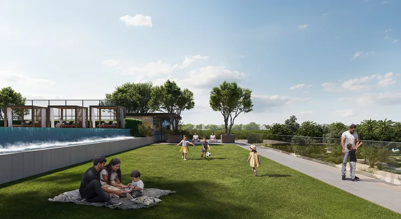 Render of families on a podium lawn at Greencrest