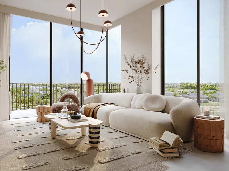 Interior render of a Greencrest living room with full-height windows and a balcony