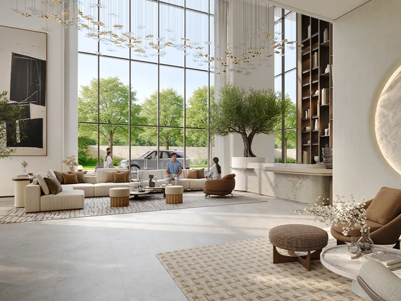 Interior render of the double-height Greencrest lobby lounge