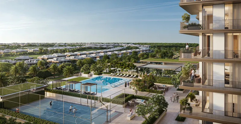 Aerial render of the Greencrest podium with a pool, sports courts and gardens beside the golf course