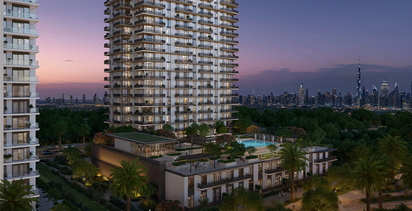 Render of the Greencrest tower at dusk above its landscaped podium, with the Downtown Dubai skyline in the distance