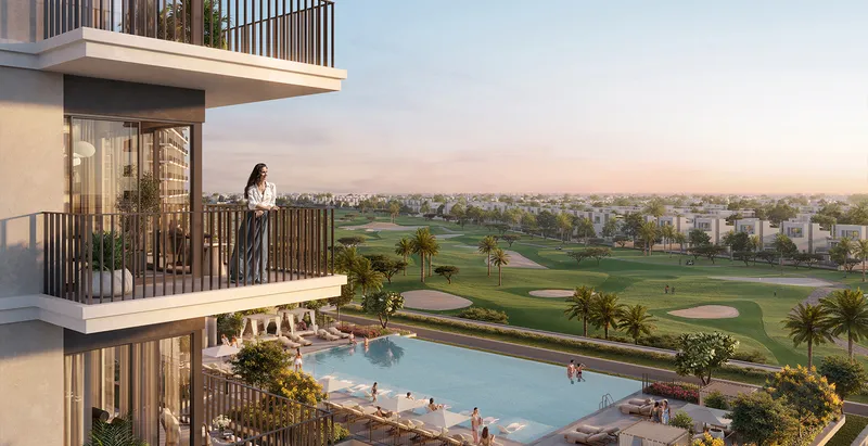 Render of a Grove Ridge balcony above the pool deck with the golf course beyond