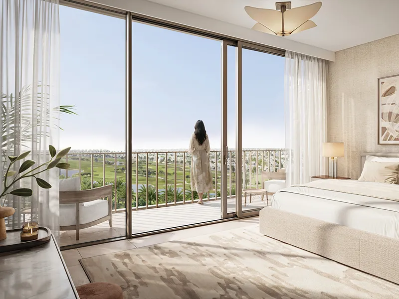 Interior render of a Grove Ridge bedroom opening onto a balcony