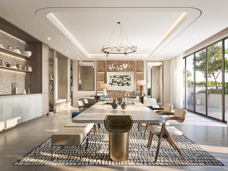 Interior render of a Grove Ridge dining room with a long table and garden views