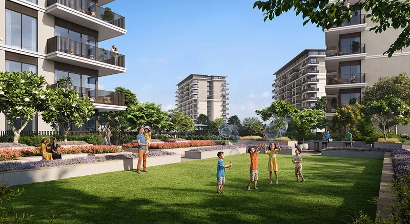 Render of children playing on the landscaped garden between Grove Ridge buildings