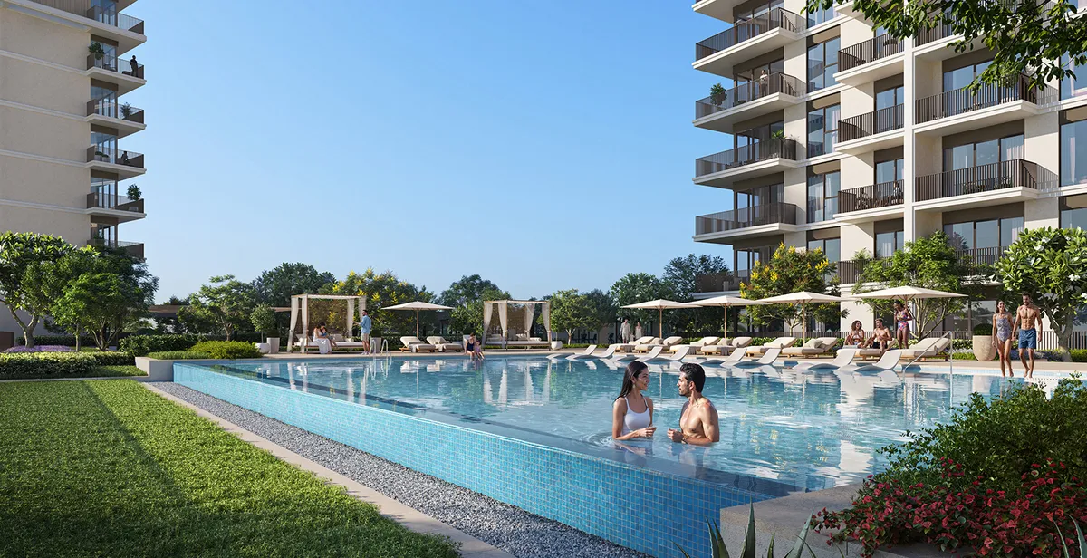 Render of the Grove Ridge infinity pool with loungers and cabanas